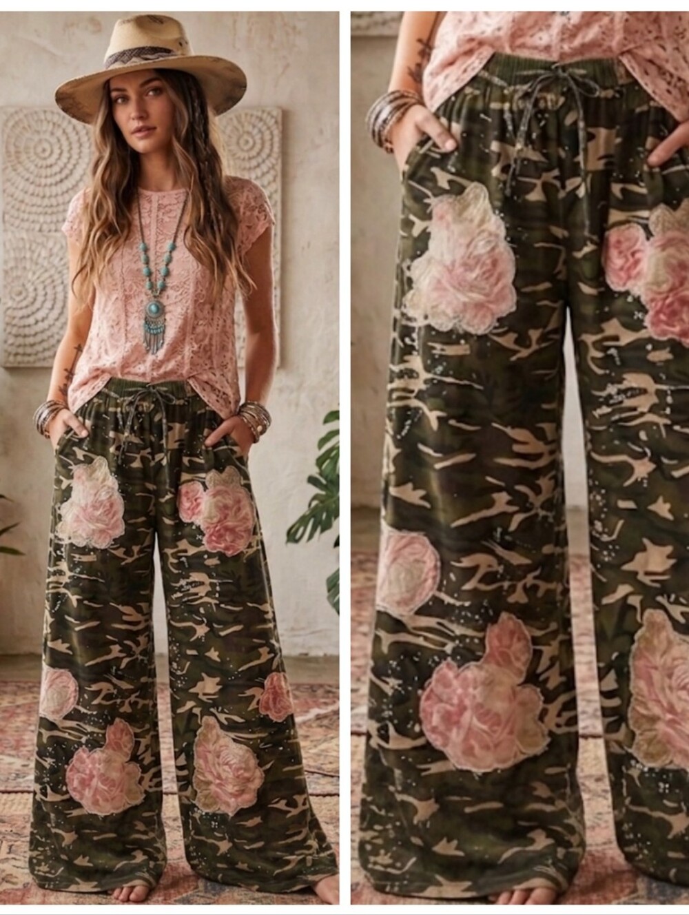 Camouflage Floral Patchwork Distressed Paint Splatter Wide Leg Jeans